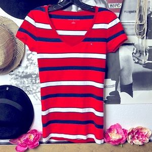 Tommy Hilfiger V neck cap sleeve stripped shirt sz. small red blue white classic